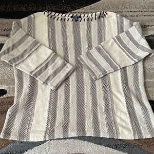 Chaps Cream and Gray Striped Women's Sweater